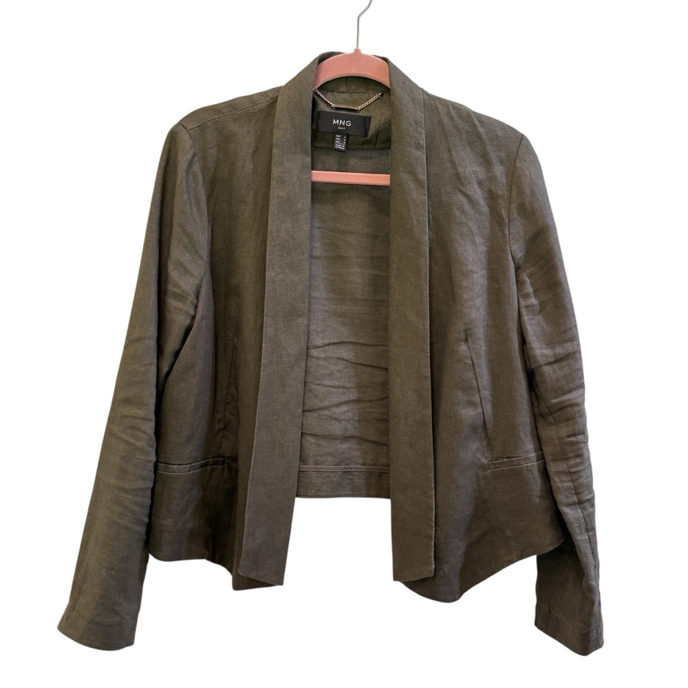 Mango 100% linen cropped blazer suit jacket unlined olive army green L